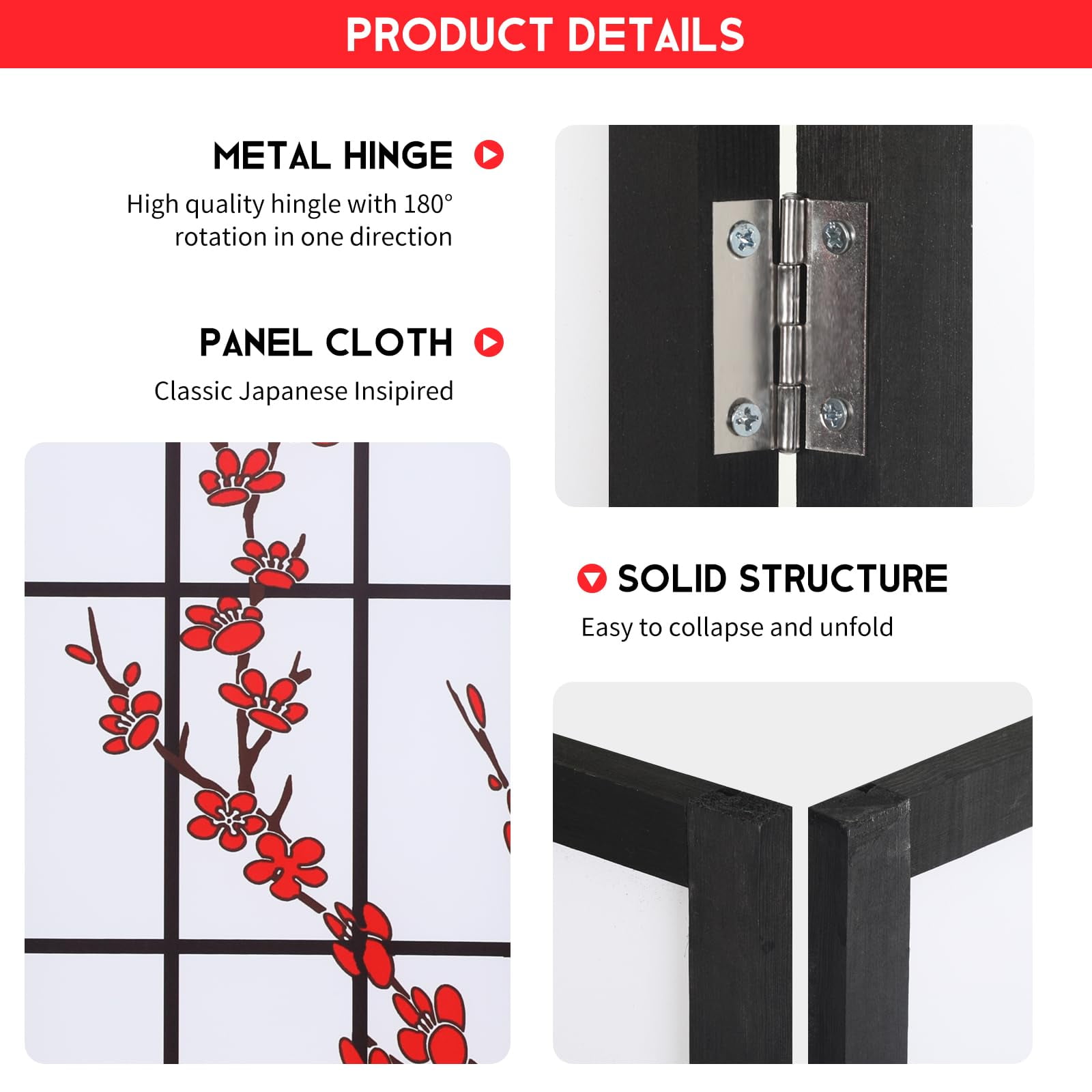 Room Divider 4 Panel Folding Privacy Screen 6Ft Room Partition Shoji Wall Divider Screen Portable Wood Divider for Office, Bedroom, Restaurant, Freestanding