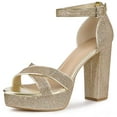 thumbnail image 1 of De Mujer Brillo Plataforma Tacones Entrecruzados Tacón Grueso Sandalias Dorado US 9/UK 7/EU 40, 1 of 6
