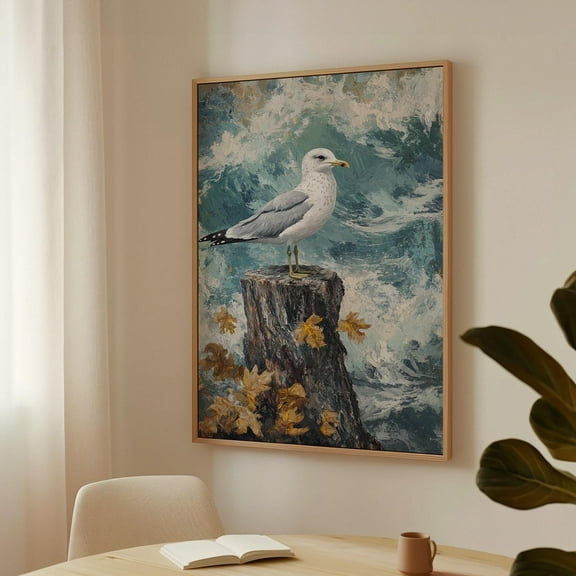Seagull On Weathered Stump Amid Ocean Waves And Autumn Leaves: Coastal Wildlife Art Wall Art, Modern Wall Decor, 8x12 UNFRAMED