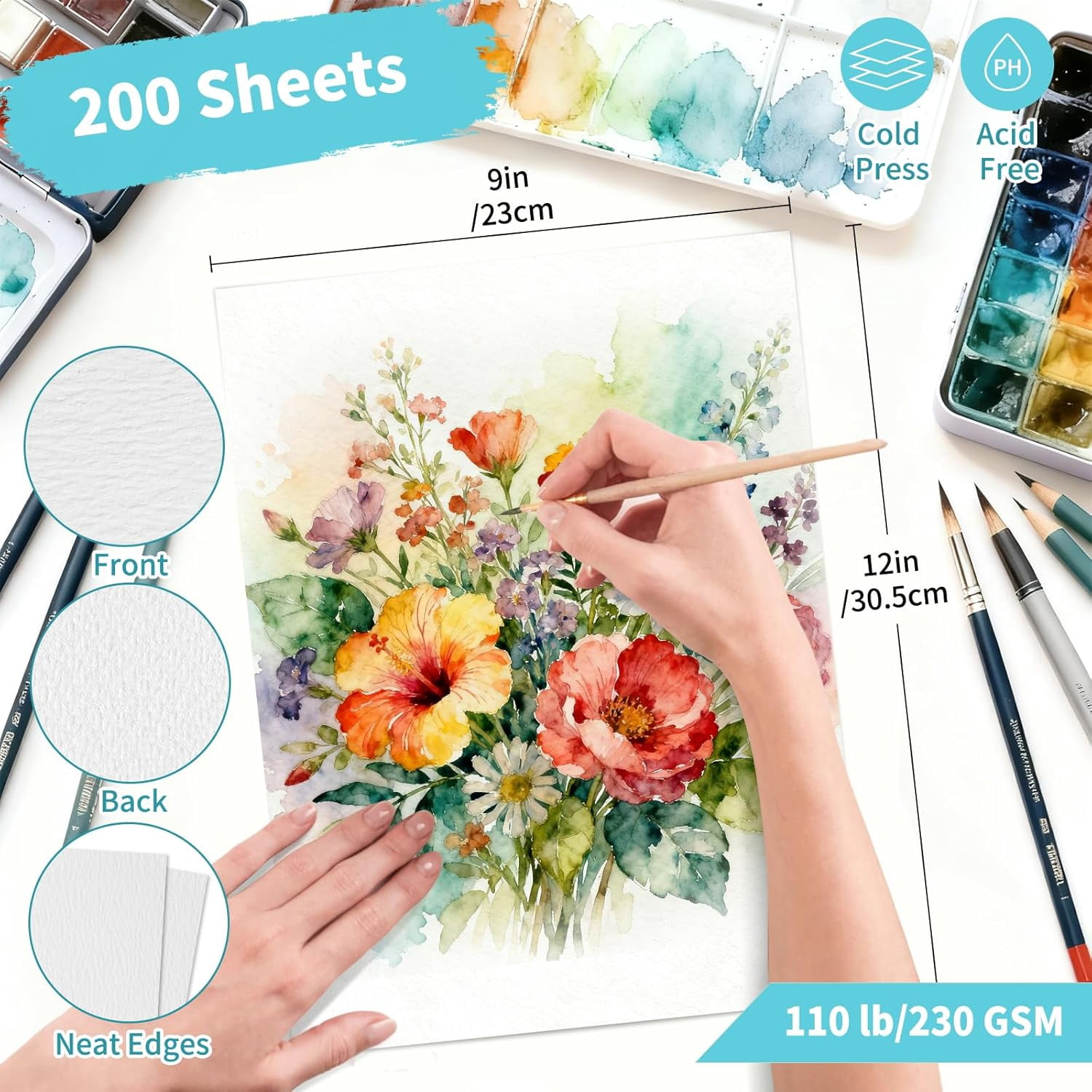 OSIMIG 200 Sheets 9x12” Watercolor Paper Bulk, 110lb/230gsm Cold Press White Thick Water Color Paper Pad, Drawing Painting Paper Bulk, Art Supplies for Kids & Adults