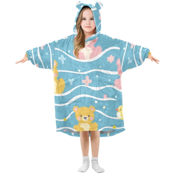 Bears Duckies Dots in Water Cartoon Flannel Wearable Blankets Hooded Design Long Sleeves Wrap Unisex for 3T-14Y S