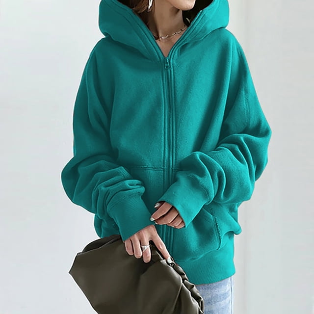 Aqestyerly Women's Zipper Hoodie Coat,Solid Color Long Sleeve Sweatshirt with Pockets for Autumn Daily Wear HWRETIE