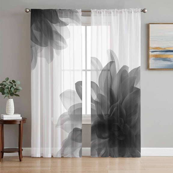 Sheer Curtains 108 Inches Long 2 Panels Set for Living Room, Grey Bohemian Semi Sheer Curtains for Windows, Boho Modern Floral Abstract Ombre White Voile Window Treatments Rod Pocket Curtain