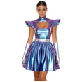 thumbnail image 2 of iiniim Womens Metallic Shiny Space Suit Flight Skater Dress with Gloves Outfit Alien Robot Blue L, 2 of 7