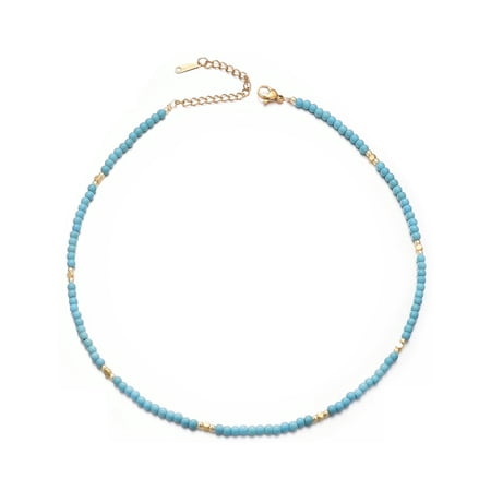 Aleasha 14" Turquoise Beaded Choker Dainty Gold Bead Necklace for Women Birthstone Jewelry Gifts