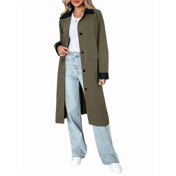 Womens Long Pea Coats Single Breasted Lapel Jackets Casual Oversized Button Down Long Overcoats with Pockets Green XL