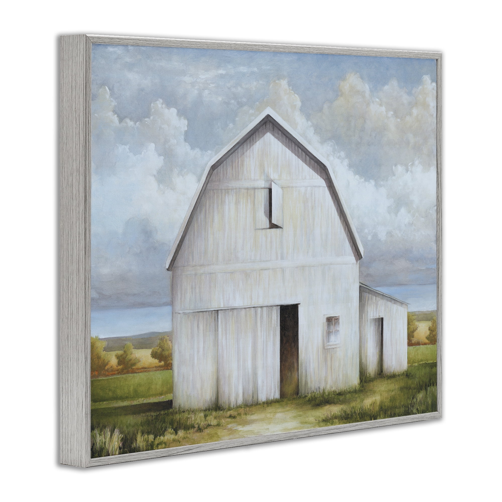 Stupell Industries White Barn with Clouds Landscape Painting Gray Framed Art Print Wall Art, 14 x 11