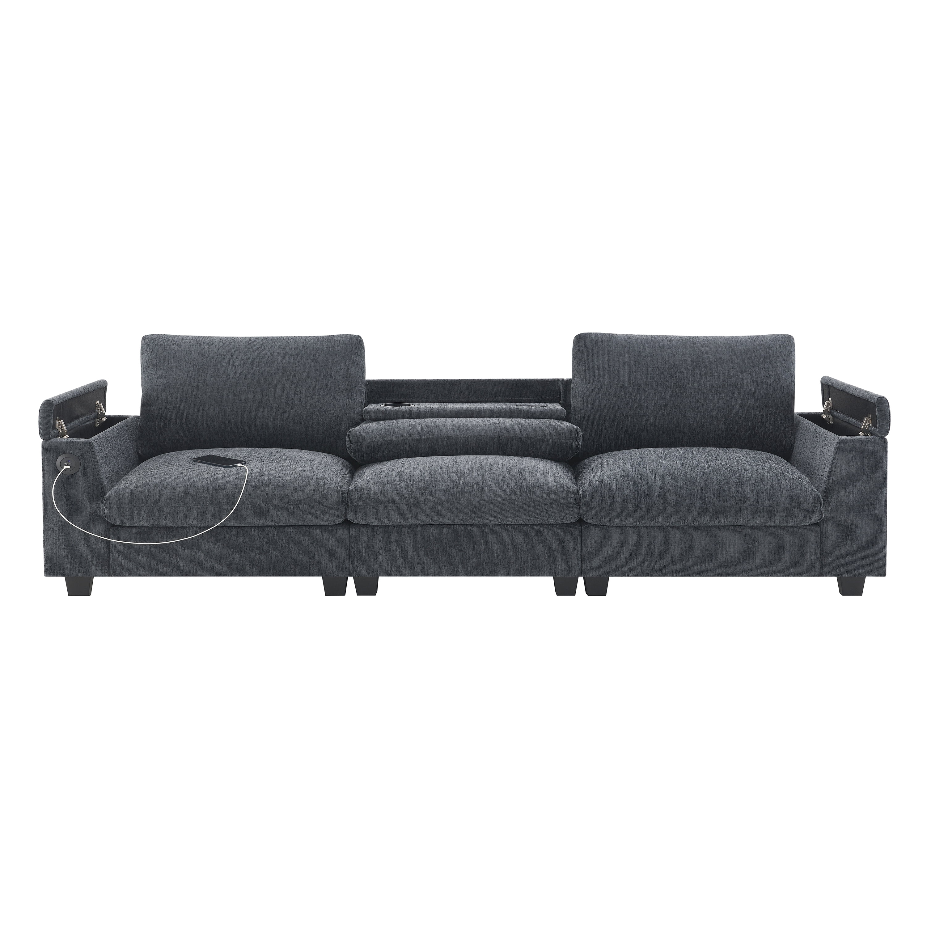 MAYEERTY 96x35" Chenille Sectional Sofa - Bluetooth Speaker, Drop Down Table/Cup Holders/USB/Storage, Wide Seat for Living Room/Apartment/Office, 3 Colors
