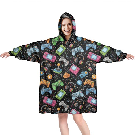 Wearable Oversized Blanket,Multicolor Consoles Games Icons Black Pattern Wearable Blanket Hoodie for Adults,Cozy Hooded Blankets with Super Pockets,Super Warm Fuzzy Pullover for Women & Men