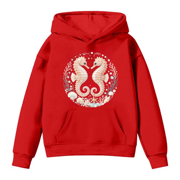 ZHOGXU Boys Girls Seahorse Pearl Seashell Ocean Graphic Pullover Hoodie Long Sleeve Casual Sweatshirt Top With Pocket For Kids Youth Streetwear,Red,3-4 Years