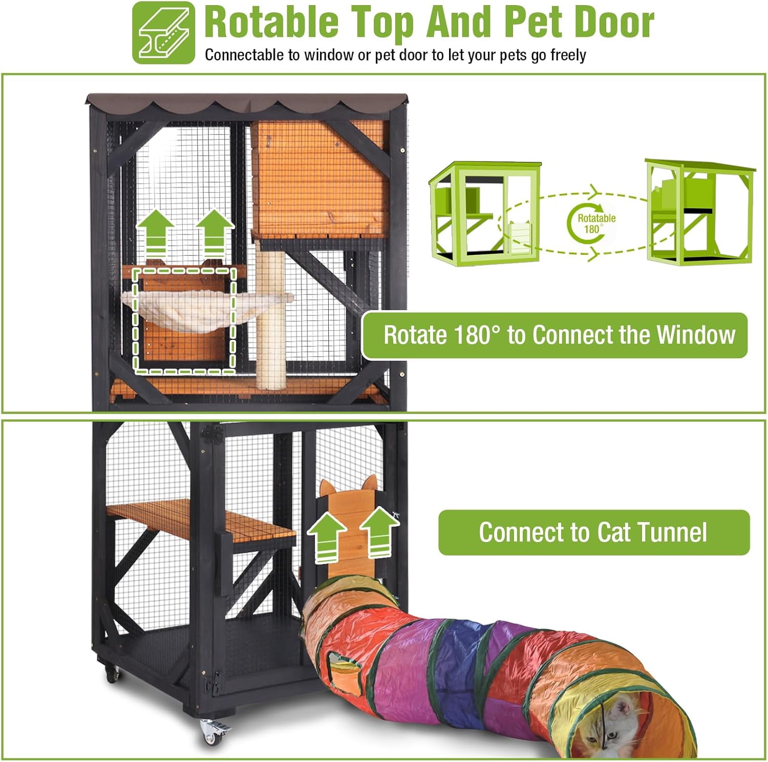 Aivituvin Cat Catio Outdoor Cat House Movable Large Enclosures on Exercise Wheels Kitty Cage with Upgraded Resting Box,Waterproof Cover Black