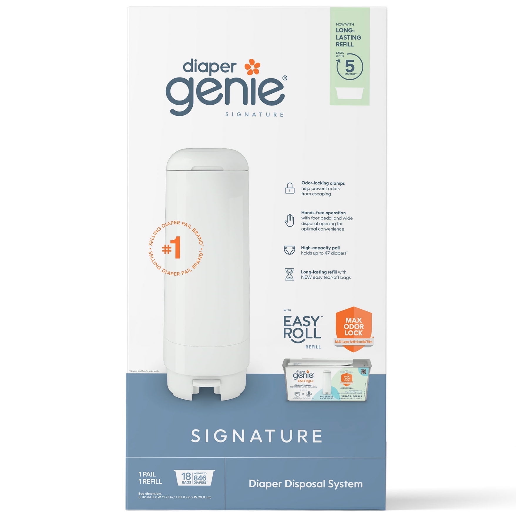 Diaper Genie Signature Pail Includes 1 Easy Roll Refill with 18 Bags | Holds Up to 846 Newborn-Sized Diapers Per Refill