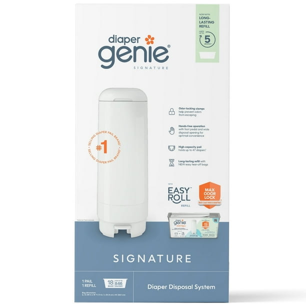 Diaper Genie Signature White Pail Includes 1 Easy Roll Refill with 18
