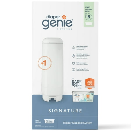 Diaper Genie Signature White Pail Includes 1 Easy Roll Refill with 18 Bags