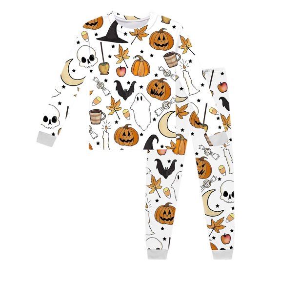 CAIVO Girls Pajama Sets O-Neck Long Sleeve T-Shirts Pants Halloween Pumpkin Print 2 Piece Sleepwear Children Holiday Party Cartoon Homewear Pyjamas