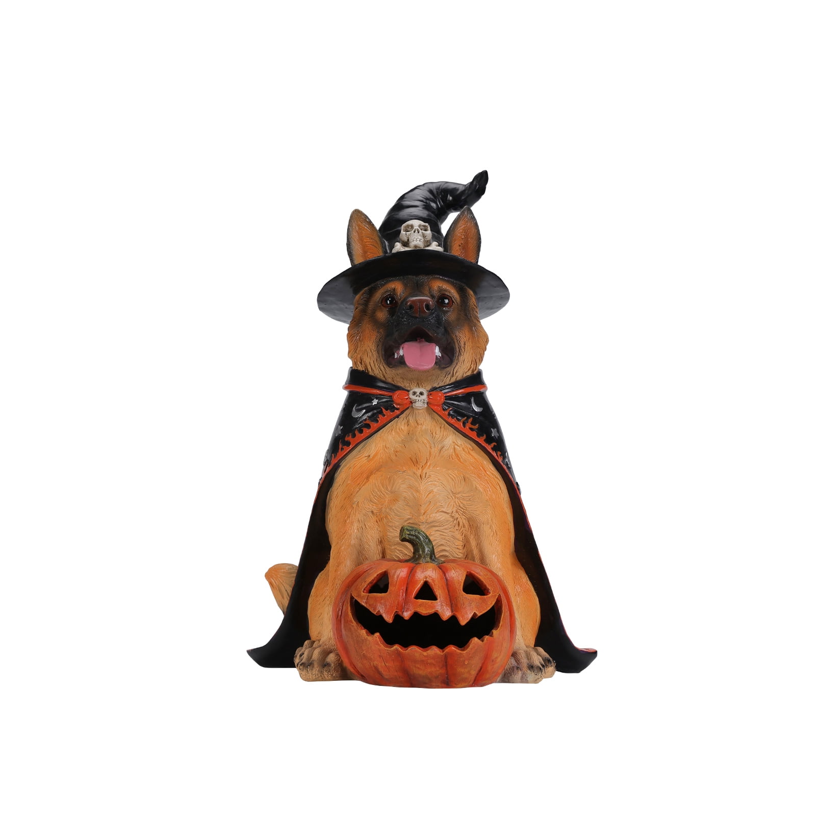 German Shepherd Witch Halloween Statue, LED Light-Up Pumpkin, Resin Sculpture, Seasonal Decor