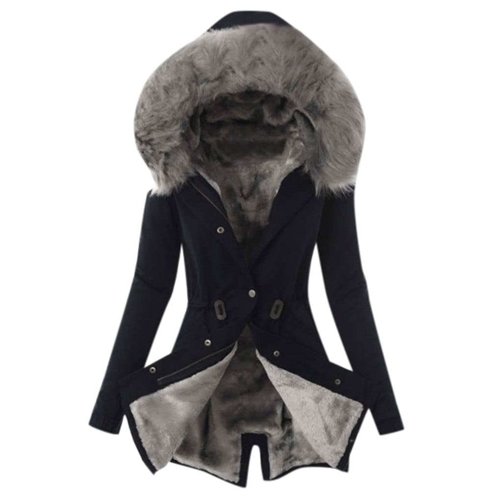 Women/'s Floral Hooded Fleece Fur Lined Coat Ladies Winter Thick Long Jackets