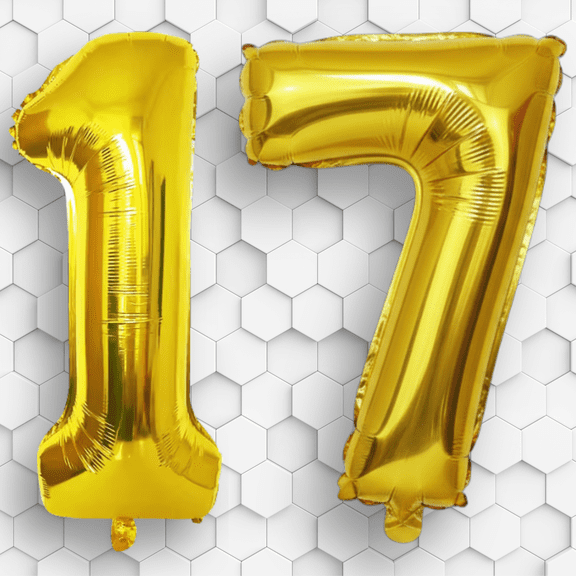 Gold Number 17 Mylar Foil Balloon 32" - Helium or Air Inflatable Metallic Balloons for 17th Happy Birthday Party, Anniversary, Graduation Decorations