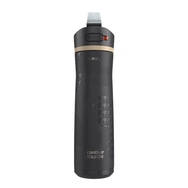 Contigo x Ally Love Ashland Chill 2.0 black stainless steel water bottle with textured pattern, AUTOSPOUT lid, and 24 oz capacity.