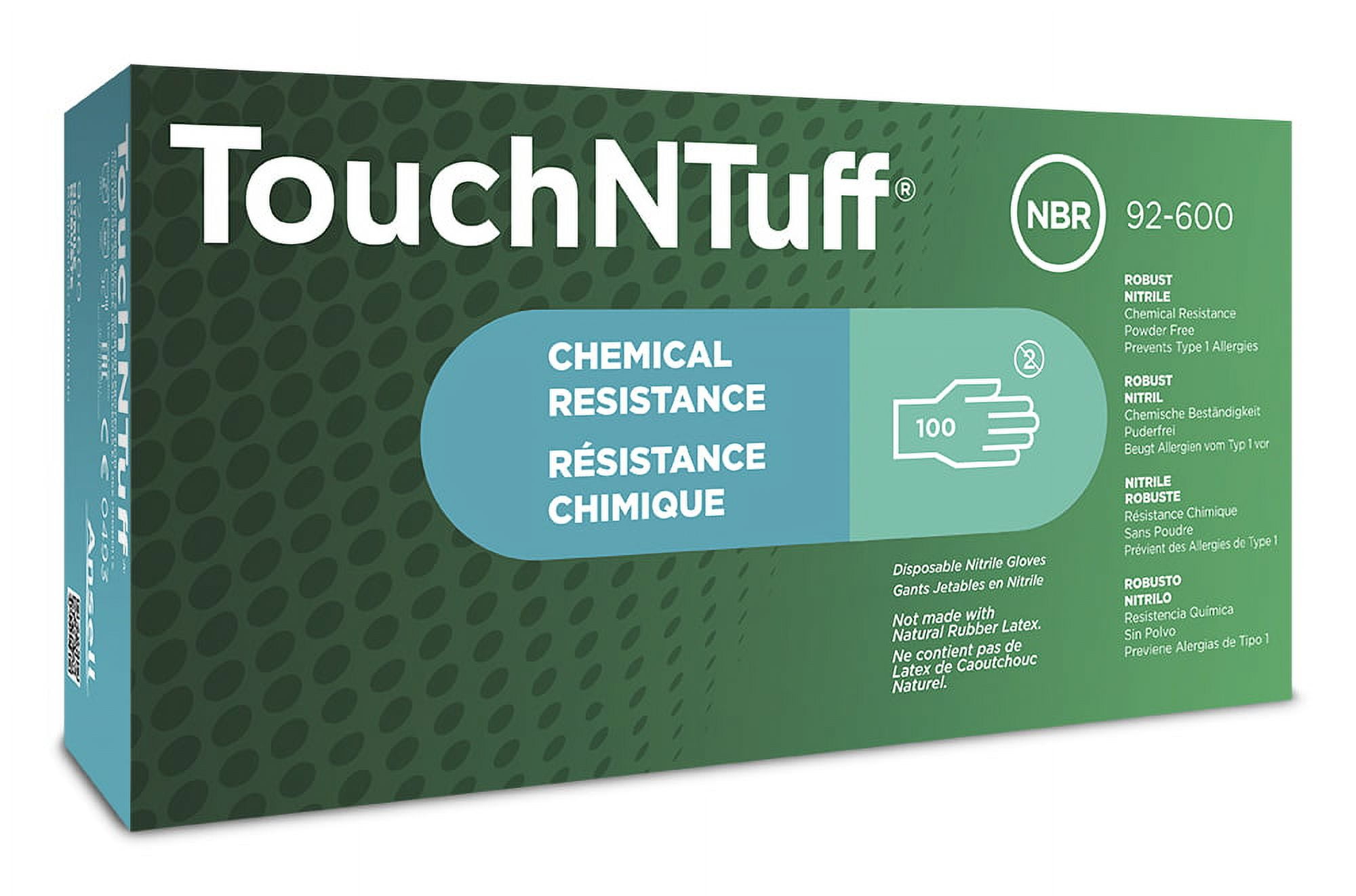 TouchNTuff 92-600 Nitrile Gloves - Disposable, Chemical splash resistant, Size Medium (pack of 100)