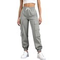 thumbnail image 2 of Women's Cargo Sweatpants, High Waisted Baggy Joggers with Pockets, Straight Leg Elastic Ankle Athletic Trousers for Hiking, Workout and Casual Wear Grey XXL, 2 of 7
