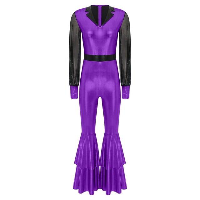 RUNQHUI Costume Brillant pour Femmes Tenue de Danse Disco Combishort Col à Revers Col en V Manches Longues Combinaison Évasée Violet m