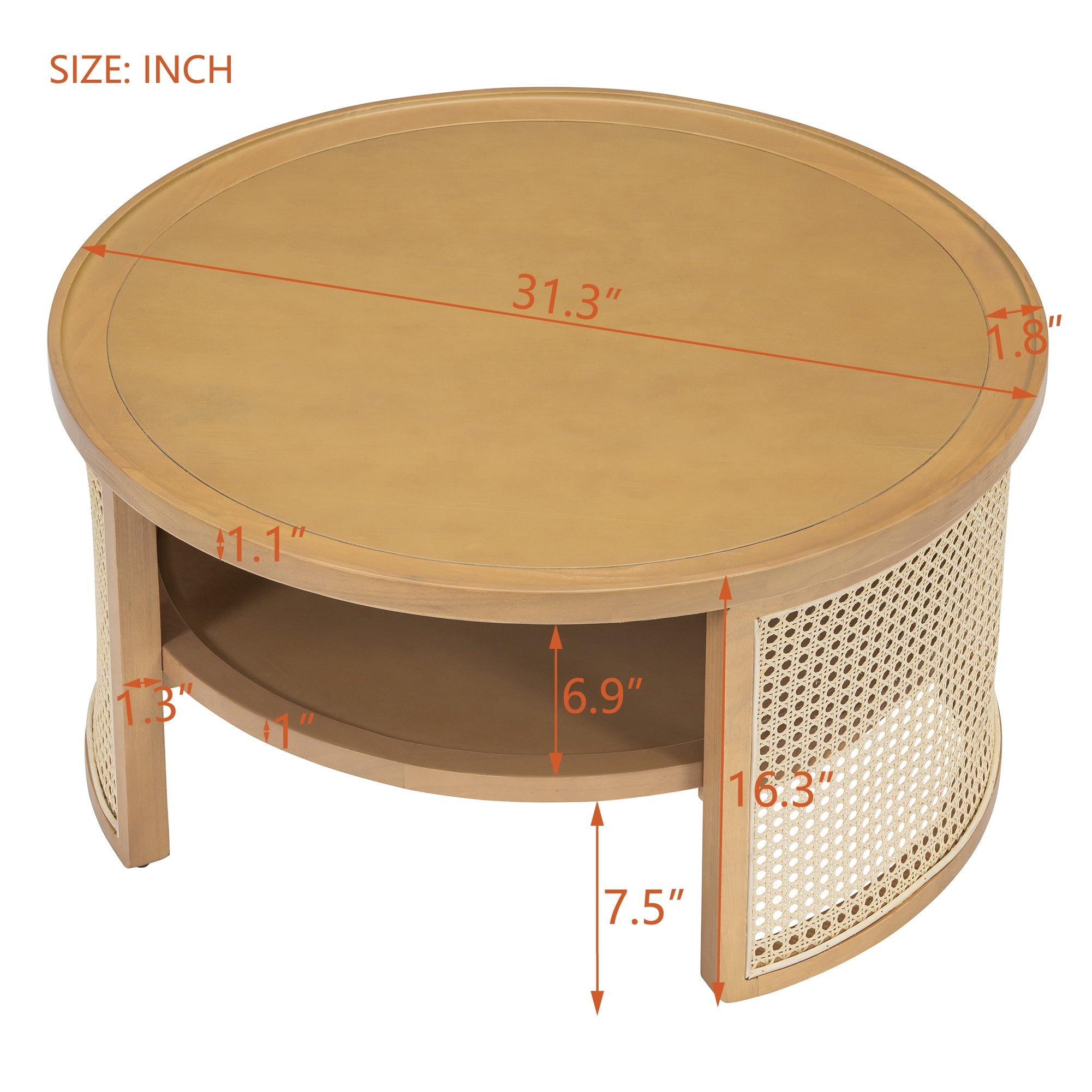 Euroco 2-Tiered Round Natural Wood Coffee Table with Storage Rattan Base in 31.3''