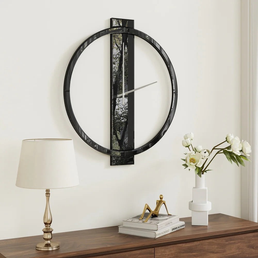 SHYFOY Black Wall Clock Decorative Large Clock for Living Room Decor Modern Mirror Clock Wall Decor for Office Bedroom Fireplace Decor