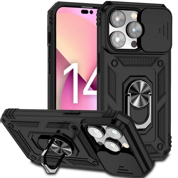Dteck Armor Case for iPhone 14 Pro Stand Case with Slide Camera Cover Kickstand Military Grade Shockproof Heavy Duty Protective Magnetic Case for iPhone 14 Pro 6.1-inch,Black