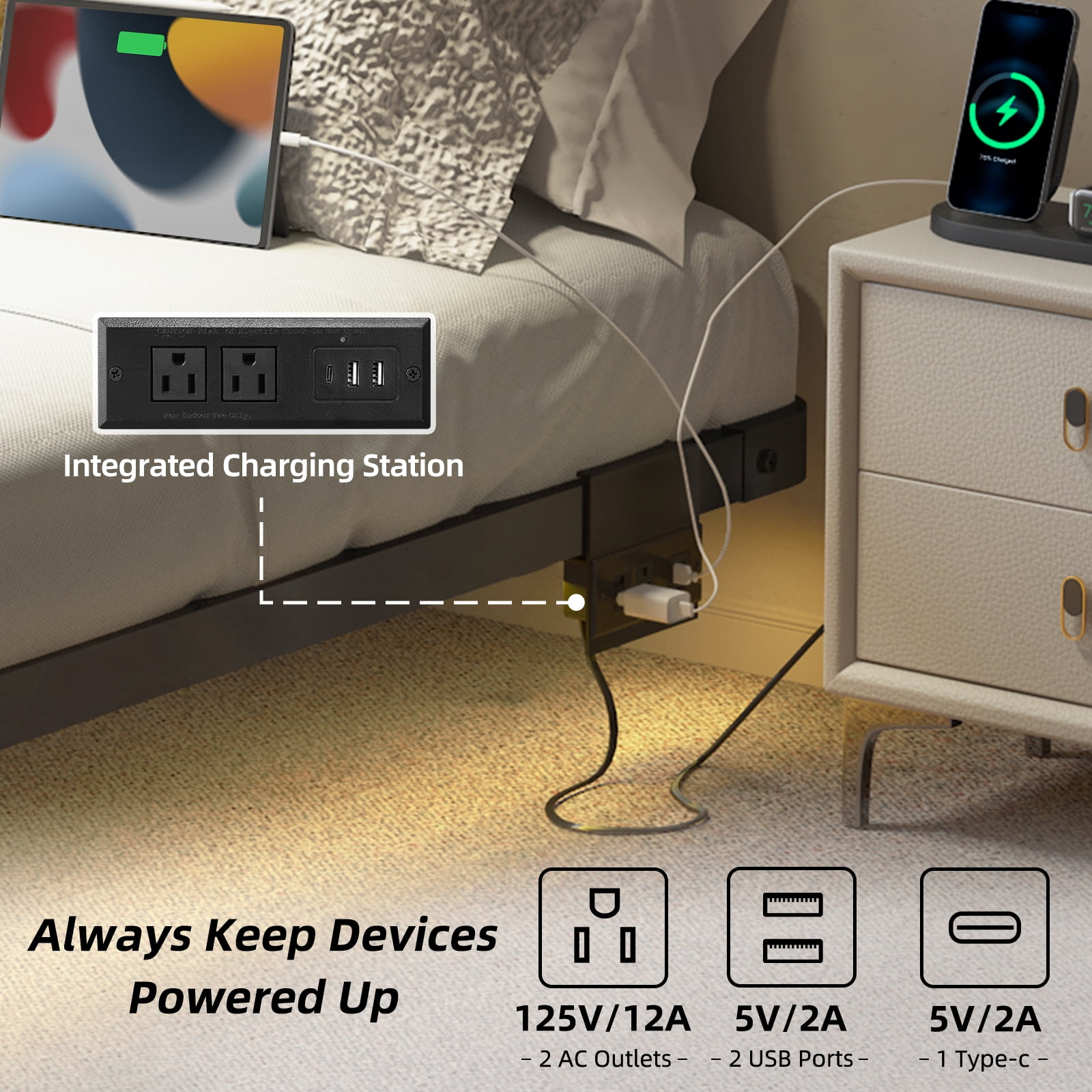 Fairy Full Size Bed Frame with Charging Station, LED Lights, Heavy-Duty Metal Platform, Black