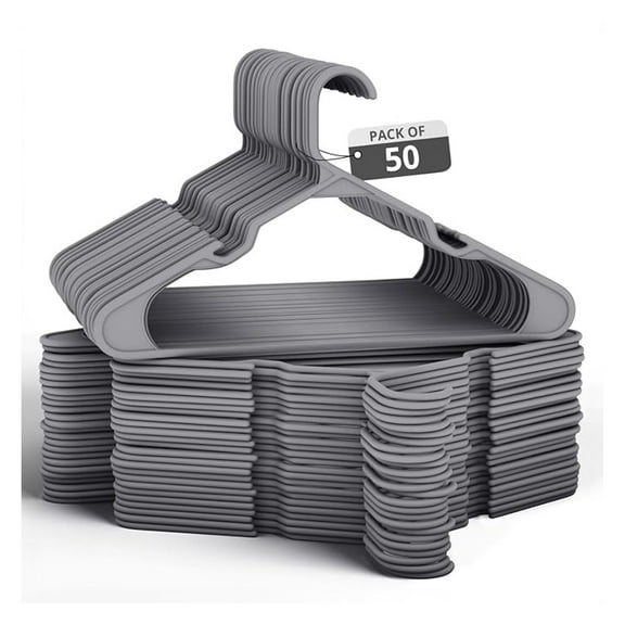 50 Pack Plastic Clothes Hangers - Adult Hangers for Clothes - Heavy Duty Coat Hangers for Closet - Space Saving Grey Hangers for Shirts, Pants, Suits