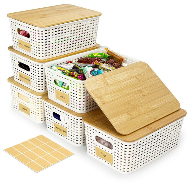 6 Caja de Almacenamiento de Plástico, Cajas Organizadoras con Tapa, Con Etiqueta 15pcs, Pequeños Contenedores Apilables, para Organizar Estantes Cajones Escritorio Armario Oficina Cocina