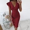 thumbnail image 2 of IROINNID Sheath Dress For Women Casual Gorgeous Solid Slimming Ruffle Hem Ruched Sleeveless Dress V-Neck Below The Knee Dress, 2 of 6