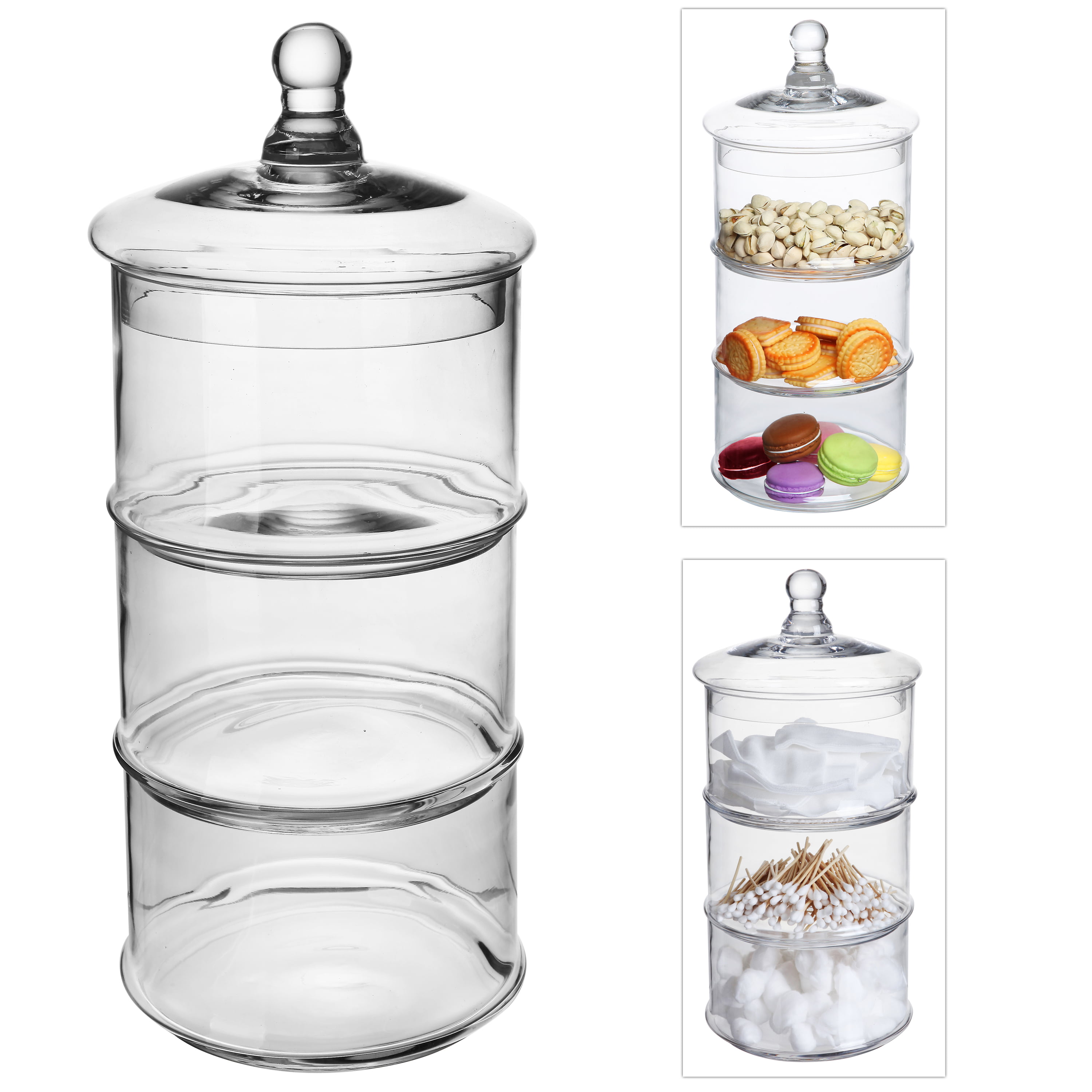KMwares Small 3 Tier/Level Stackable Round Glass Storage  Container/Canister/Organizer/Apothecary Jar Set with Lid - Nice for  Snack/Candy/Cookie