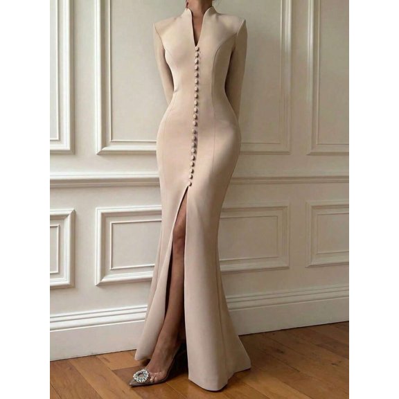 Khaki Long Sleeve Mermaid Evening Gown With Front Button Closure
