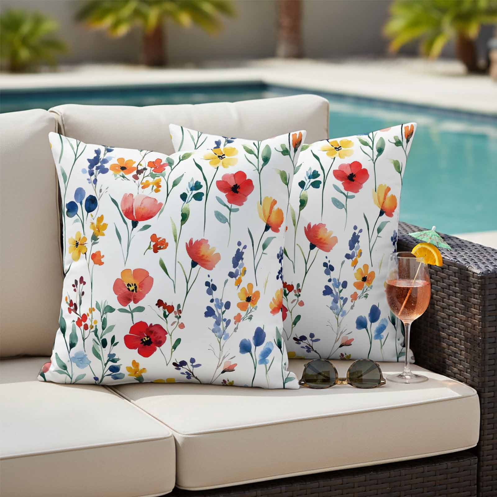 Red Yellow Blue Poppy Pillow Covers 2 Pack Independence Day Pillowcase Waterproof Outdoor Throw Pillow Cover for Patio Garden Square Cushion 24”x24”