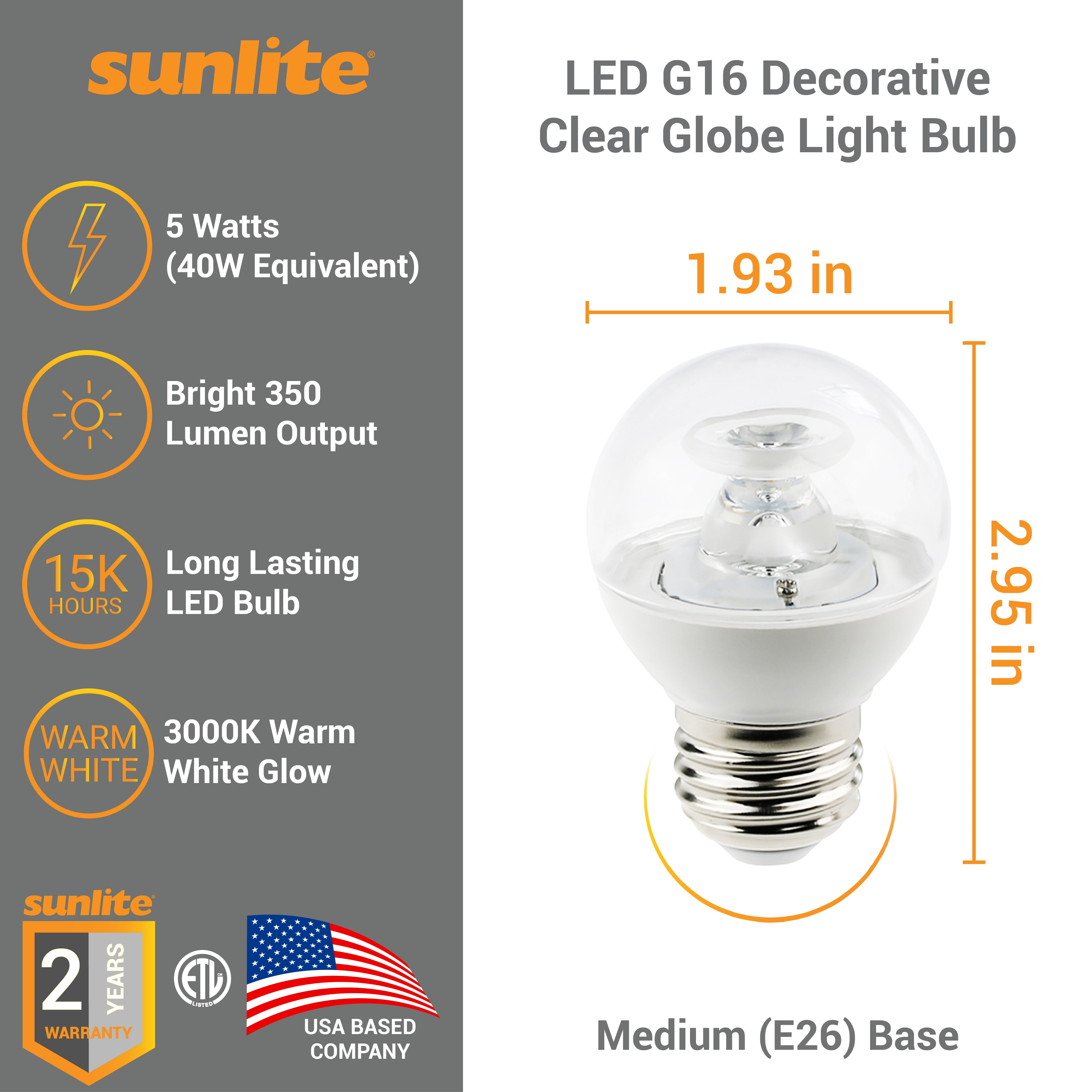 Sunlite G16 LED Dimmable Vanity Globe Light Bulbs, 5W (40W Equiv.), 350 Lumens, E26 Base, 3000K Warm White, Clear, 6-Pack