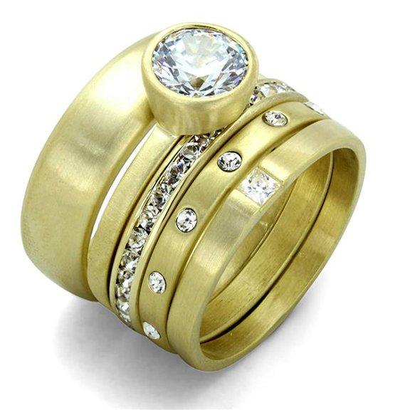 Alamode LO3645-12 Women Gold & Brush Brass Ring with AAA Grade CZ in Clear - Size 12