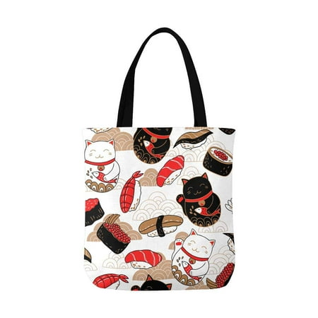 ASHLEIGH Sushi and Cat Maneki Neko Reusable Grocery Bags Shopping Bag Canvas Tote Bag Shoulder