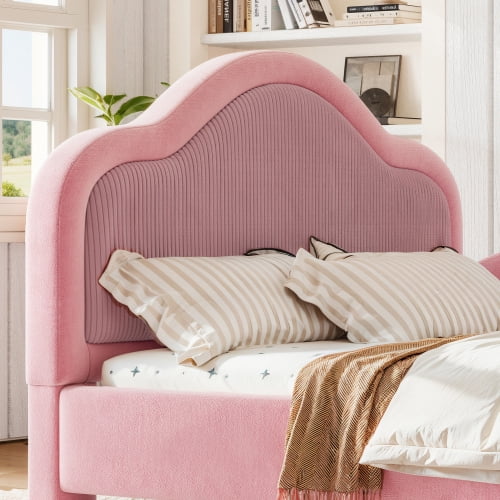Full Size Upholstered Kids Floor Bed with Curved Headboard, Safety Side Rails & Storage Pocket, Low Profile Playhouse Bed, Pink