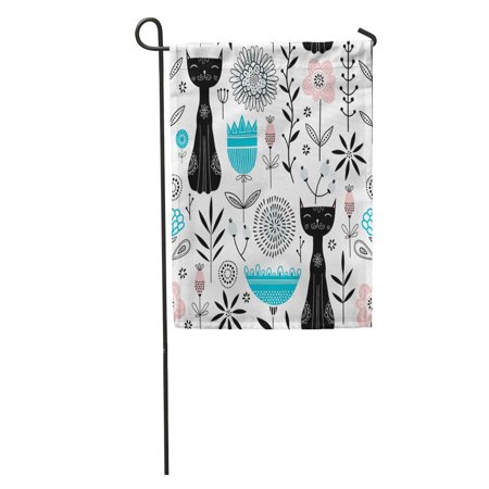 SIDONKU Blue Pattern Cute Black Cats and Flowers Pink White Love Doodle Garden Flag Decorative Flag House Banner 28x40 inch