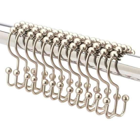 Double Sided Shower Curtain Hooks, Decorative Brushed Nickel Shower Curtain Hooks Rust Proof, Premium Stainless Steel Metal Hooks , Easy Glide Rollers, Set of 12 Curtain Rod Rings