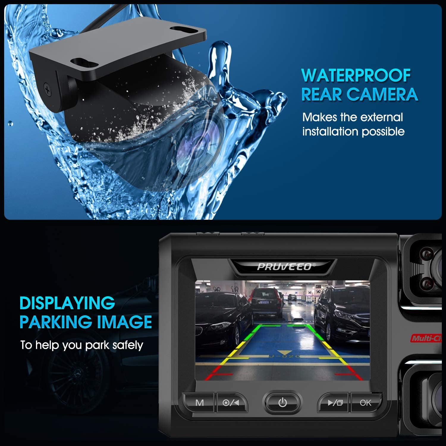 Parking Monitor Assistance 3 Way Dash Camera for Cars Pruveeo J20 Three and Dual Channel Dash Cam GPS G-Sensor Streaming Dash Cam Front and Rear with Infrared Night Vision 11 inch Screen 