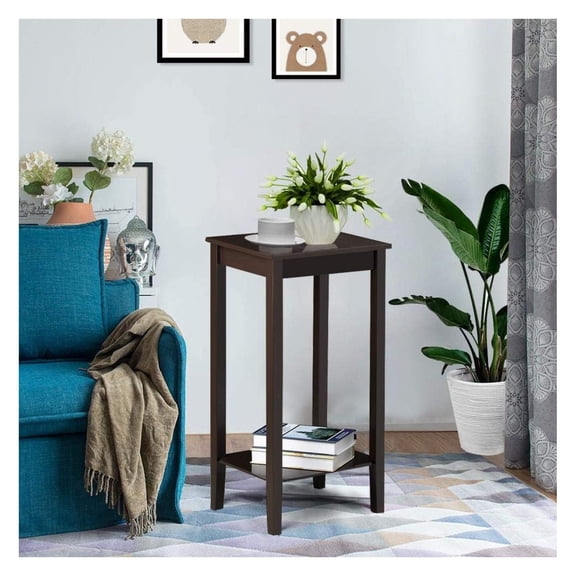 PINDEE 2-Tier Tall End Table with Storage Shelf and Solid Wood Legs, Sofa Side Table Telephone Table for Living Room/Couch/Hallway/Small Spaces, D12xW15xH29 Inches, Dark Coffee