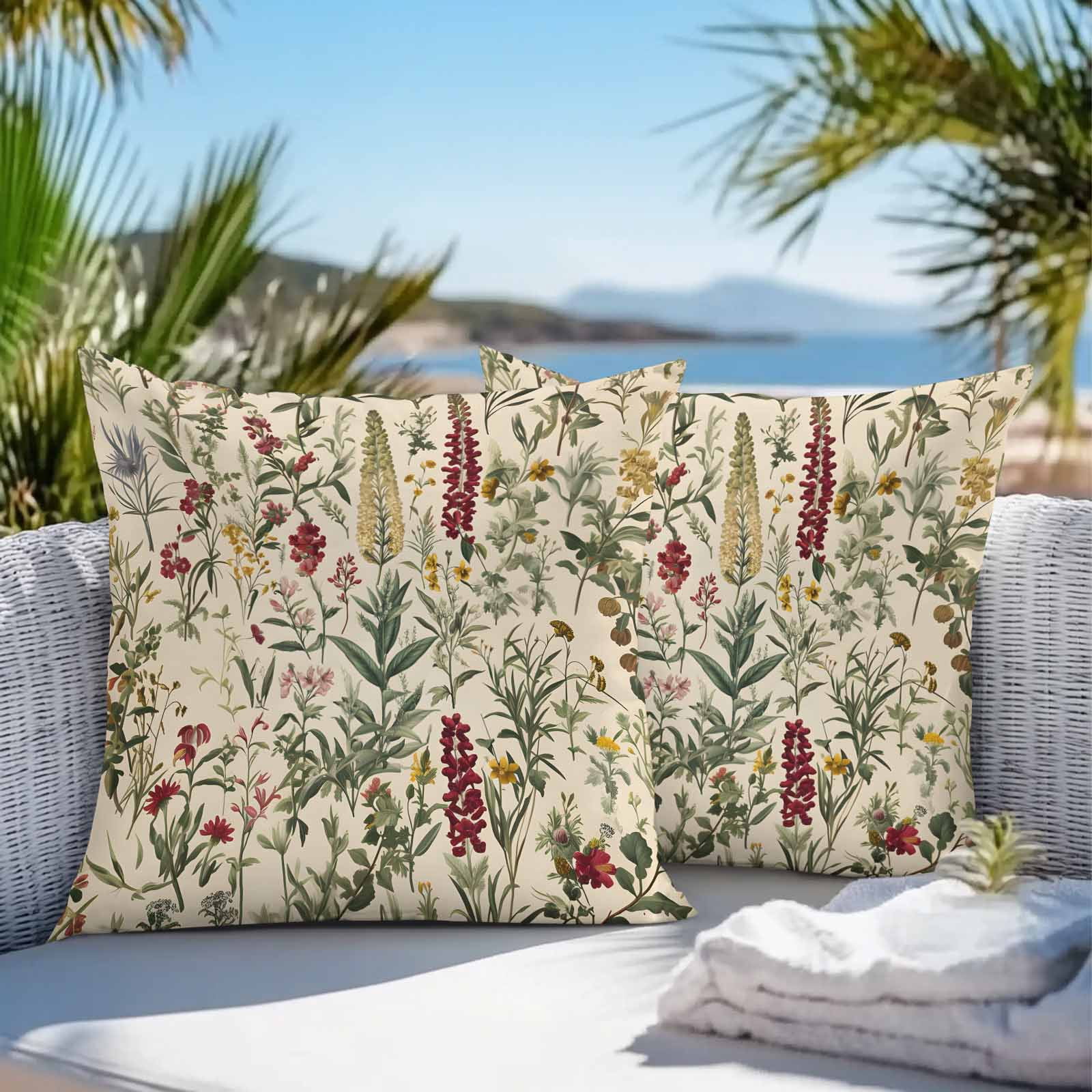 Vintage Plant Outdoor Pillow Covers 24x24 Inch Throw Pillow Covers Set of 2 Waterproof Decorative Pillow Cases Boho Botanical Flowers Green Leaf Ferns Cushion Covers for Patio Furniture Garden Couch