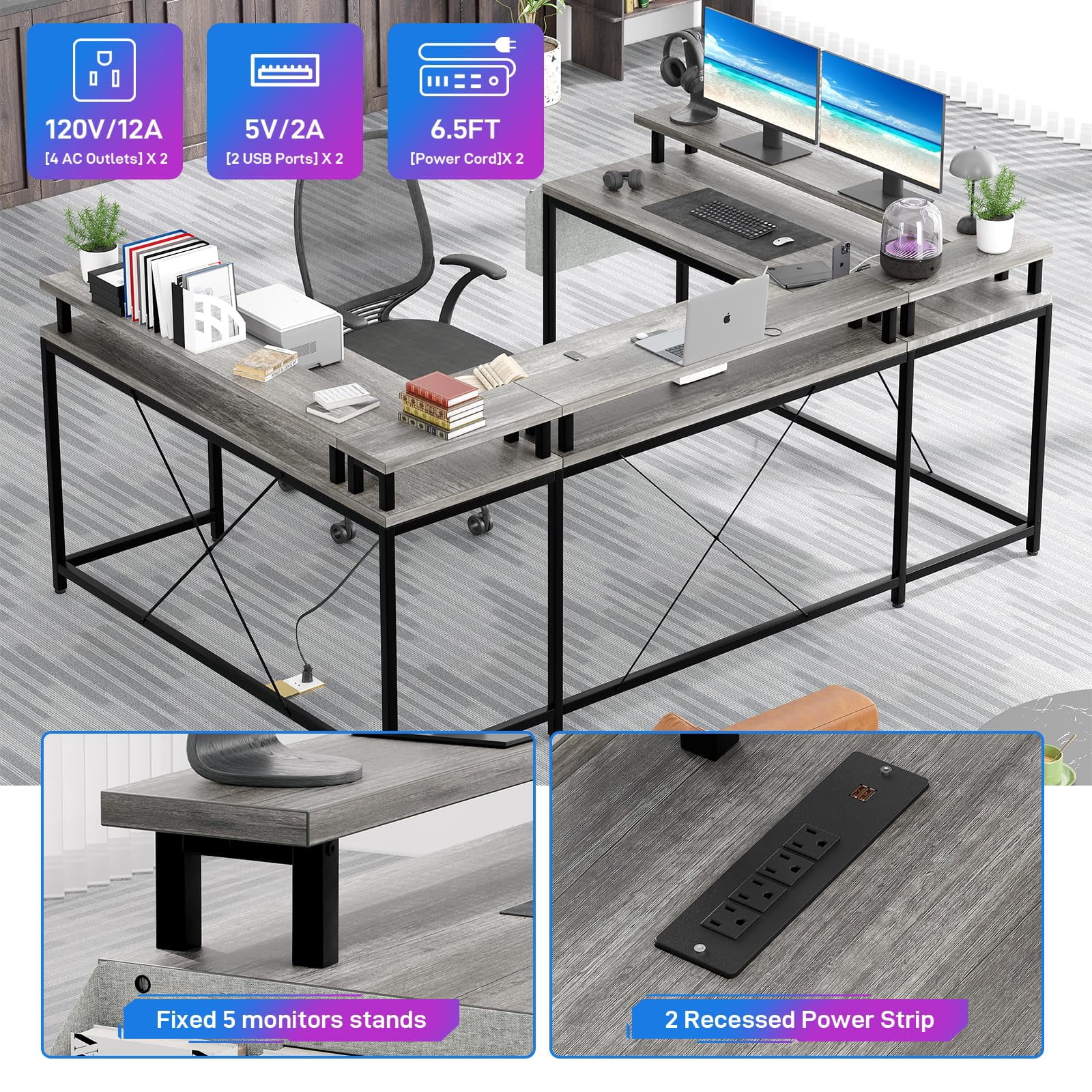 Maritcute U Shaped Computer Gaming Desk, Reversible L Shaped Desk with Power Outlets, LED Strip & Monitor Stand, Large Corner Desk with Storage Shelves for Home Office