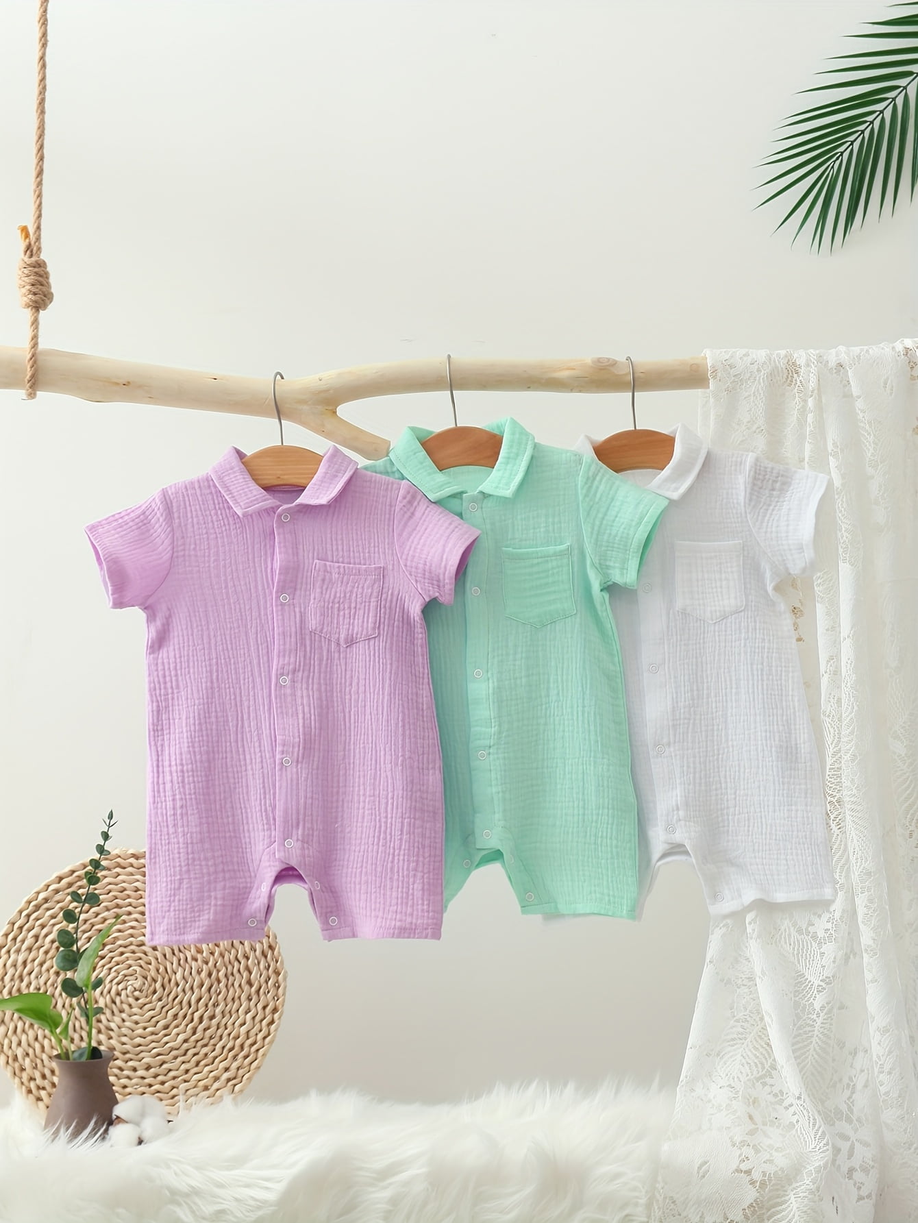 3pcs Baby Comfortable Breathable Muslin Onesie - Casual Solid Color, Short Sleeve Small Turnover Collar, Easy-Care Summer Romper, Unisex Clothing, Suitable for Outdoor Wear, Perfect for Outdoor