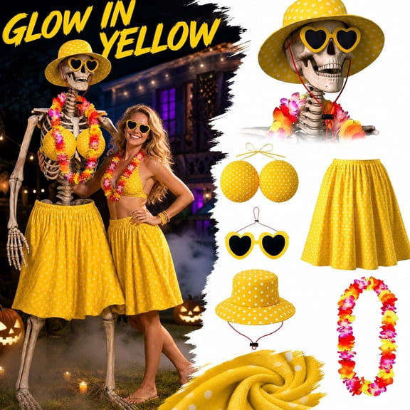 Halloween Skeleton Decorations, 12 Ft Giant Skeleton Outfit Set with Hat, Bikini, Skirt, Sunglasses & Flower Garland, Outdoor Halloween Decorations for Yard, Scary Halloween