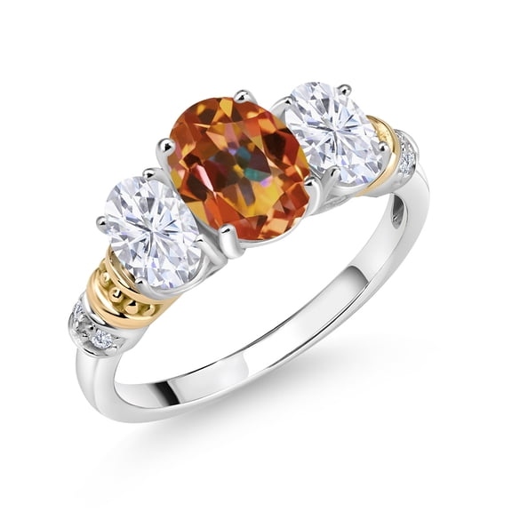 Gem Stone King 925 Sterling Silver and 10K Yellow Gold Oval Ecstasy Mystic Topaz White Moissanite and White Diamond 3 Stone Ring for Women (2.53 Cttw, Gemstone Birthstone, Size 9)