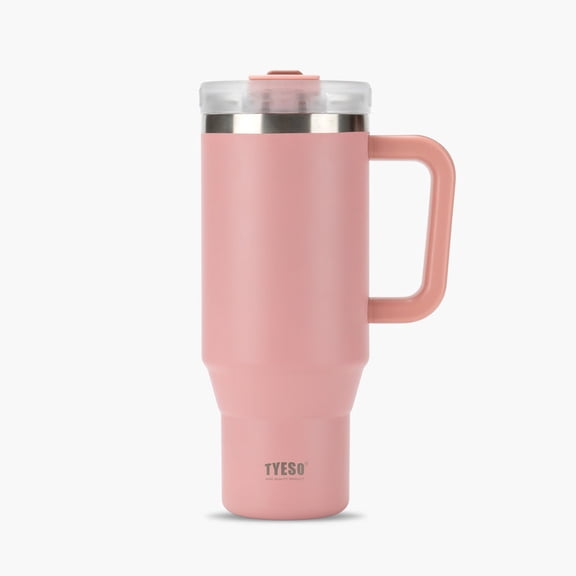 TYESO Tumbler with Handle and Straw 40 oz, Cup Holder Compatible for Travel, Insulated Stainless Steel Cup, Pink